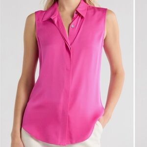 NWT🔖Theory Tanelis Sleeveless Silk Button-Up Shirt Hot Pink Work Carnation